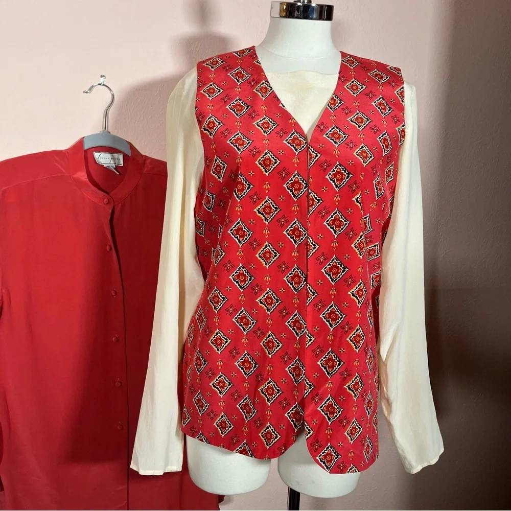 Vintage 1990 Southwestern Oversized Red silk Vest Tunic Blouse set